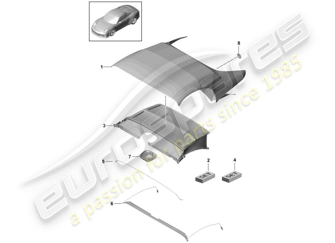 porsche 2018 (991-2 r/gt3/rs) convertible top covering part diagram