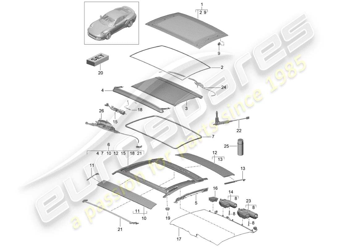 porsche 2020 (991-2 turbo) glass roof part diagram