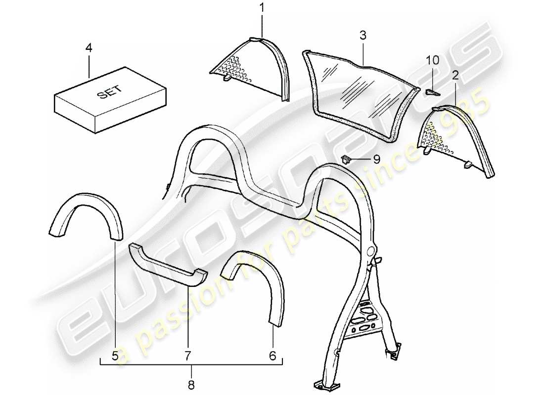 porsche 1998 (986 boxster) windscreen - and - trims - roll bar part diagram