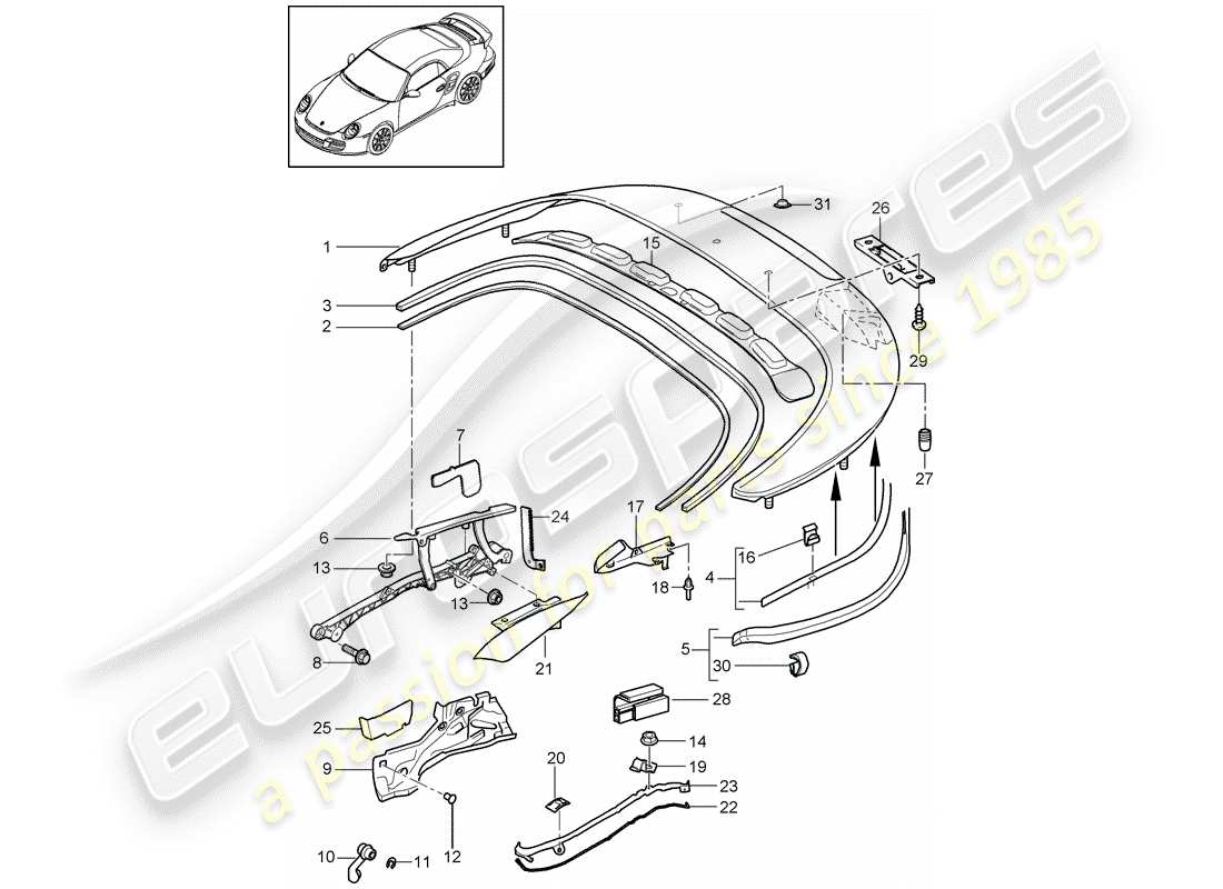 porsche 2012 (997-2 turbo / gt2 rs) top stowage box part diagram