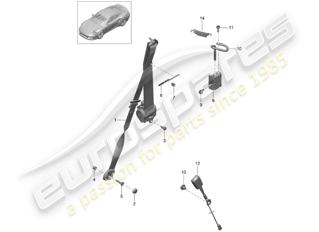 porsche 991 turbo (2014) three-point seat belt part diagram