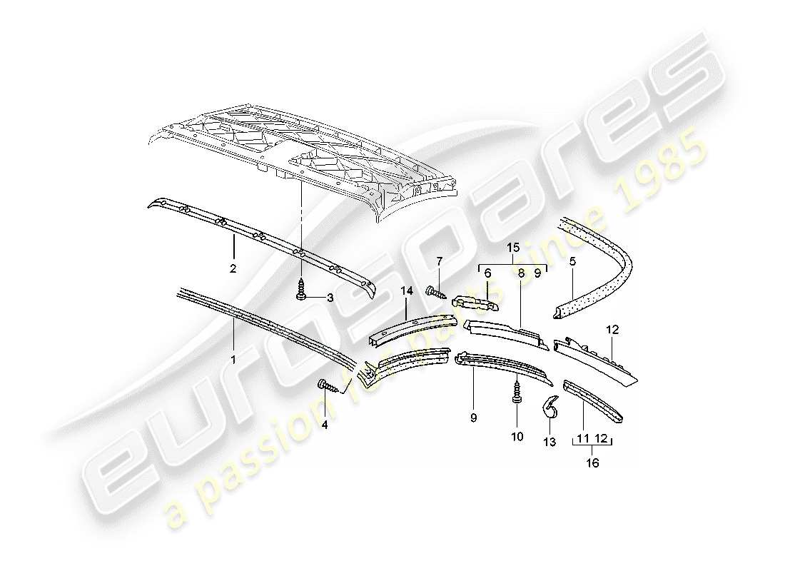 porsche 2003 (996 turbo / gt2) convertible top - seal strip part diagram