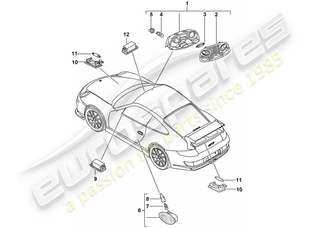 porsche 2011 (997-2 gt3) interior lights parts diagram