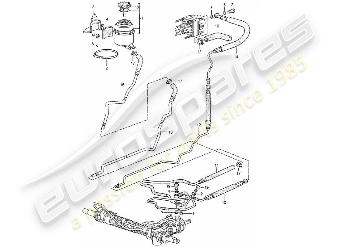 porsche 1994 (964) power steering - lines parts diagram