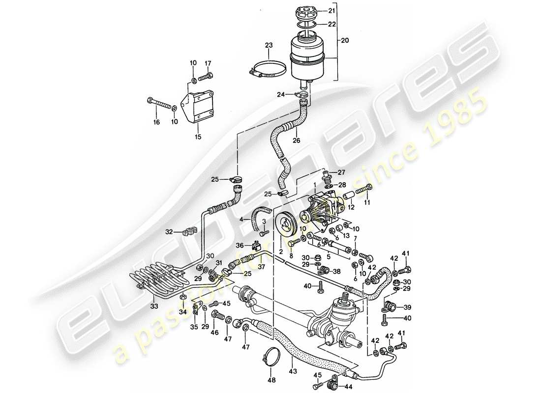 porsche 1993 (968) power steering - power steering pump - lines part diagram