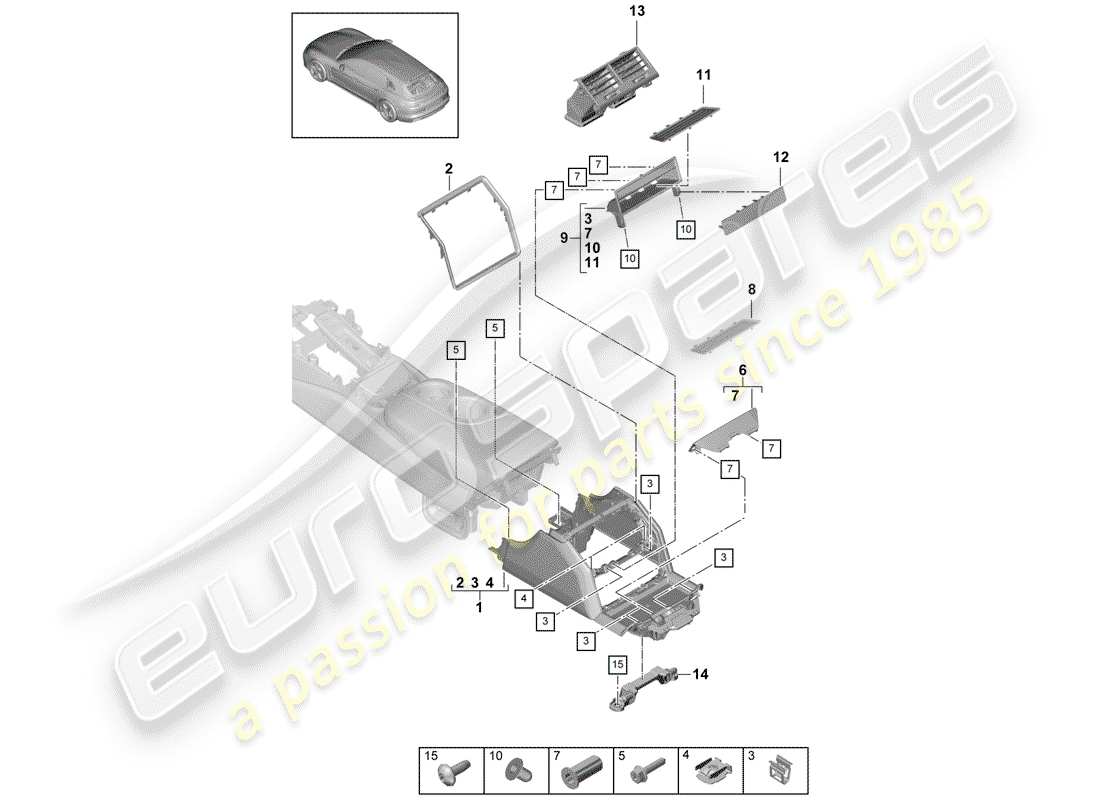 porsche panamera 971 (2018) center console parts diagram