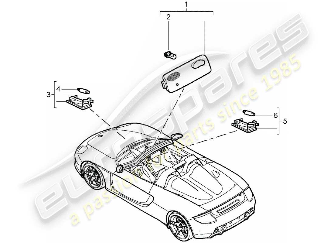 porsche 2005 (carrera gt) interior lighting - luggage compartment lamp - glove box part diagram