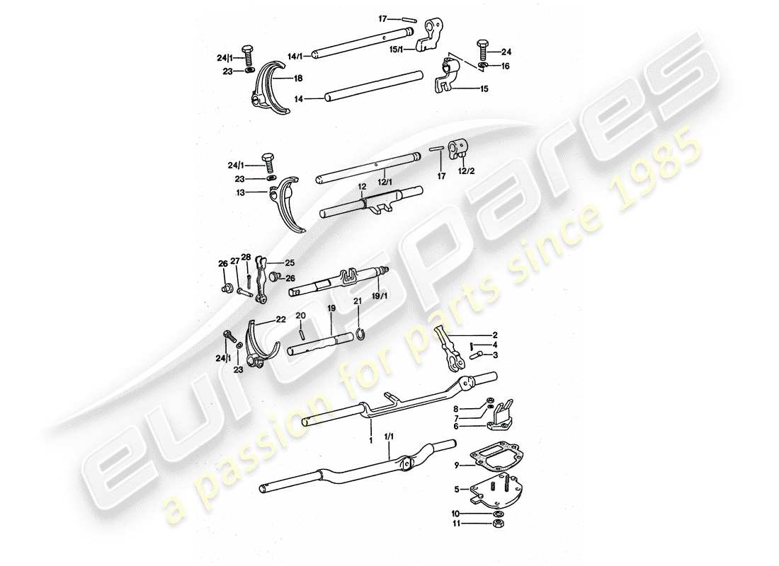 porsche 1977 (911 turbo) shift rods - shift forks part diagram