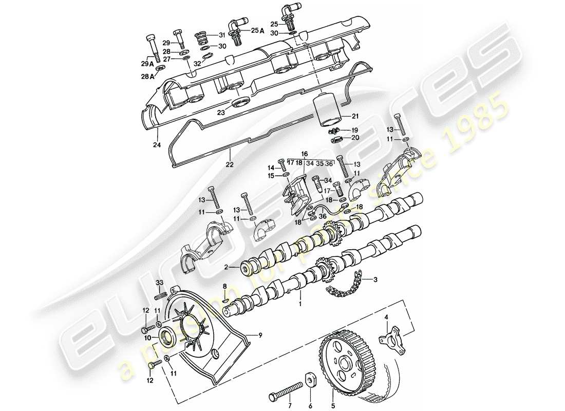 porsche 928 (1986) camshaft - driving mechanism - 4 - valve - d - mj 1985>> parts diagram