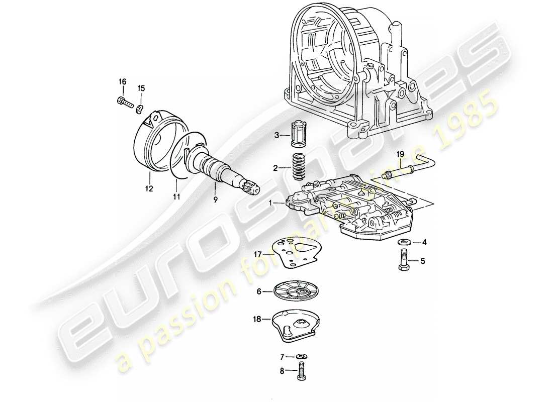 porsche 944 (1988) valve body - oil strainer - governor - automatic transmission parts diagram