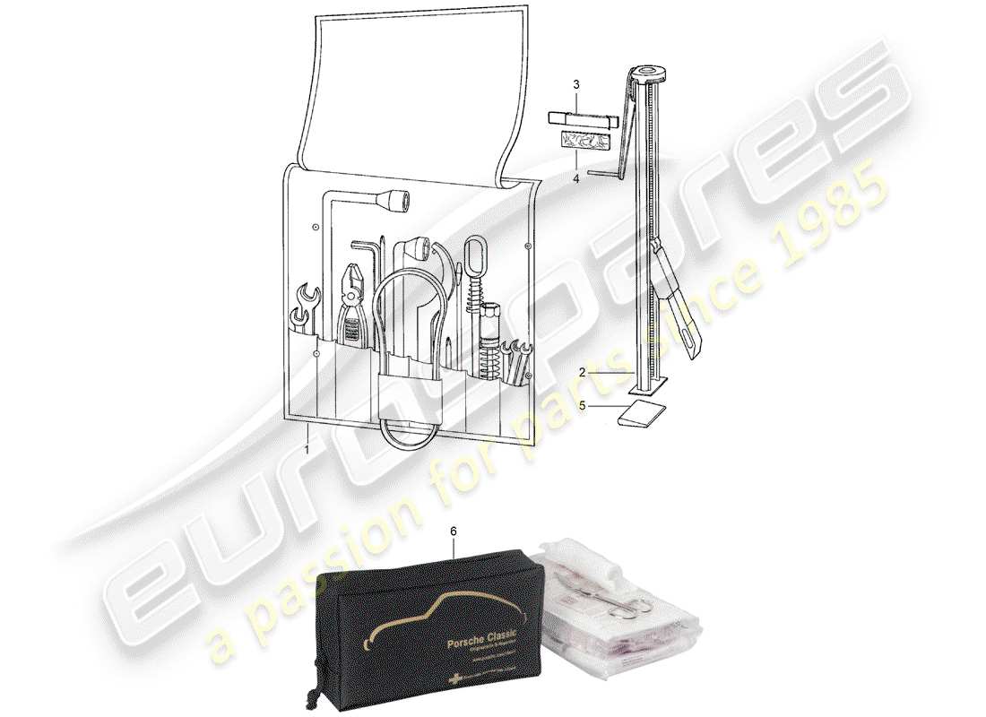 porsche 1976 (911) tool - jack - first aid kit part diagram