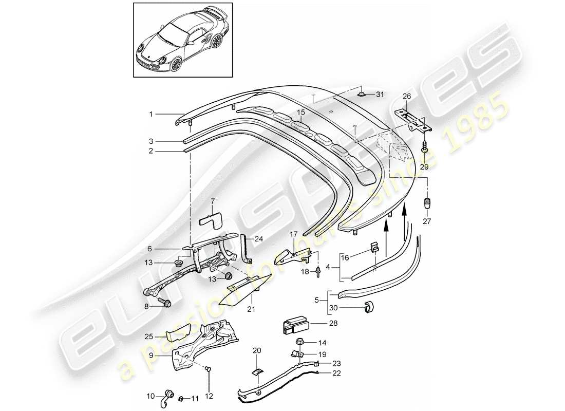 porsche 911 t/gt2rs (2011) top stowage box part diagram