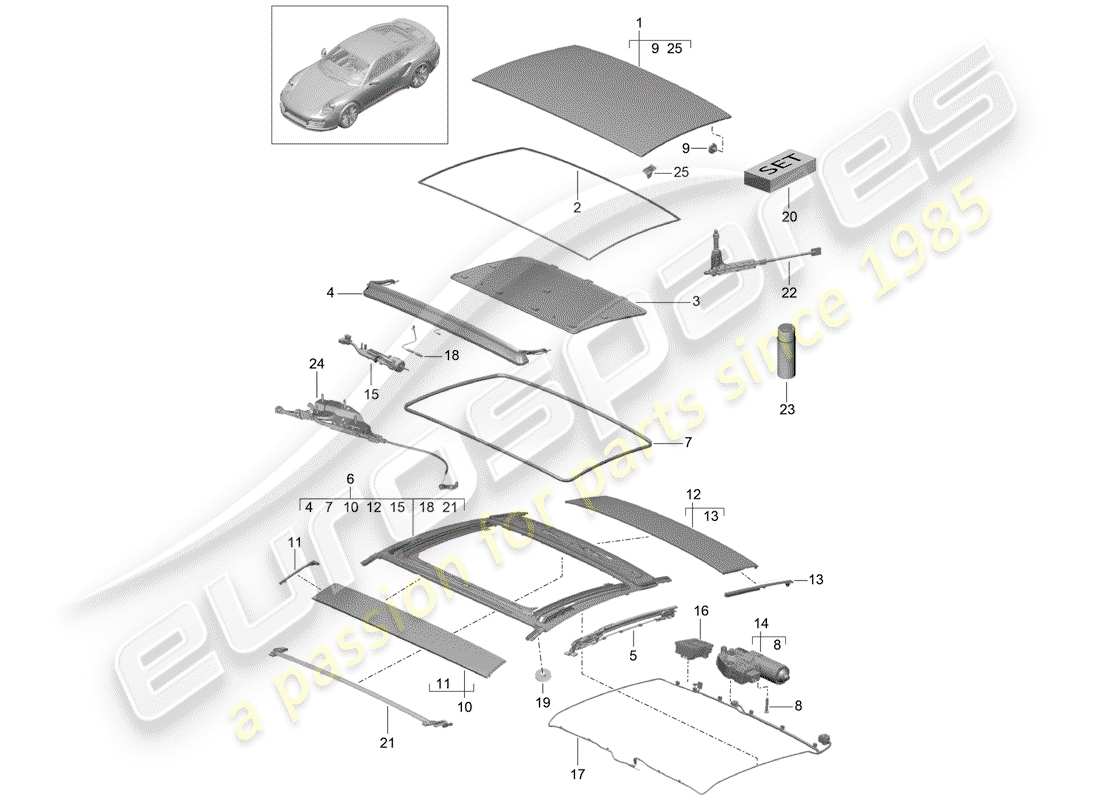 porsche 991 turbo (2014) glass sliding roof part diagram