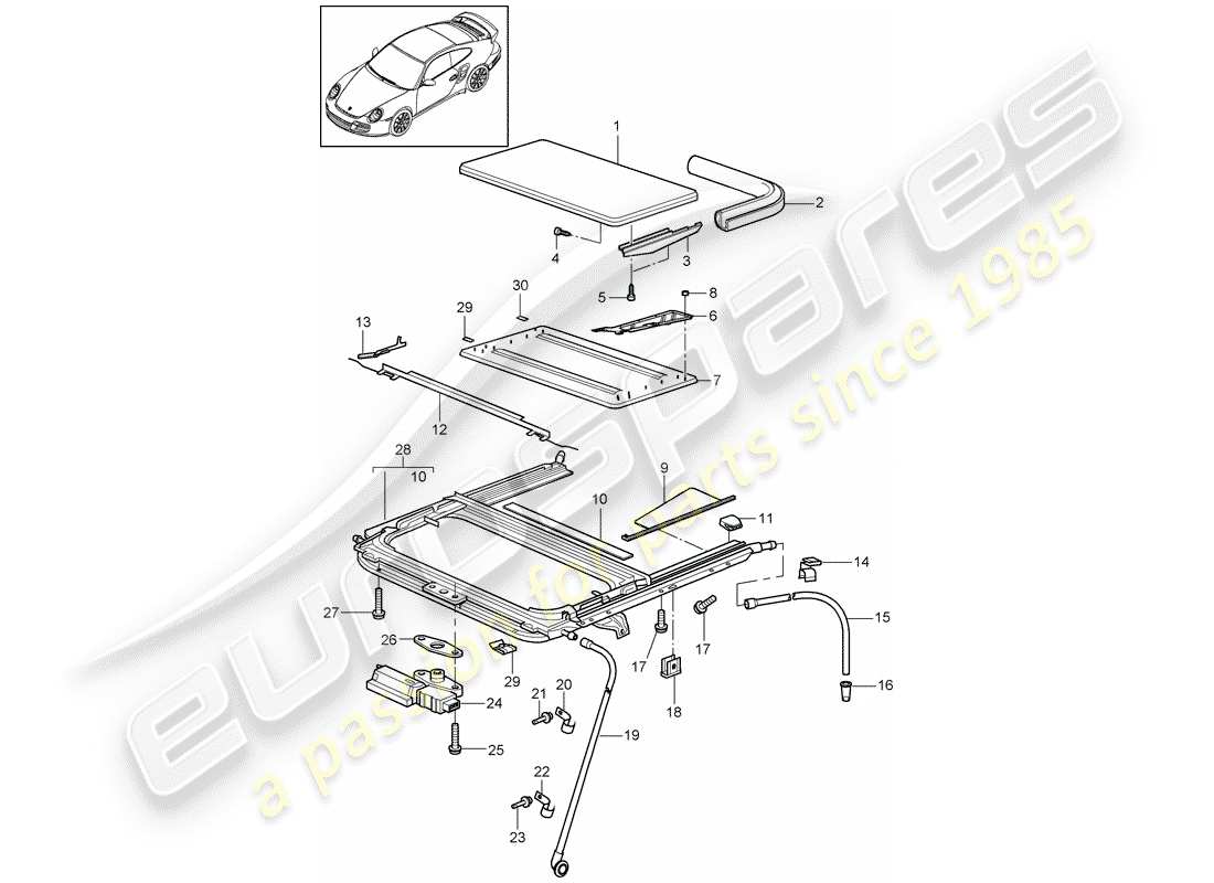 porsche 911 t/gt2rs (2013) sunroof parts diagram