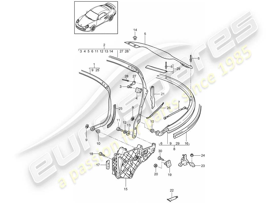 porsche 2013 (997-2 turbo / gt2 rs) top frame parts diagram