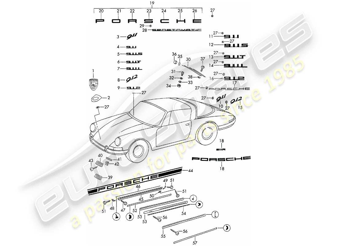 porsche 1965 (911/912) decorative fittings - d >> - mj 1968 part diagram