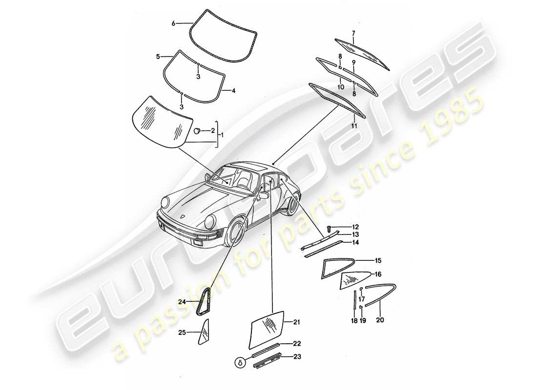 porsche 1989 (911) window glazing part diagram