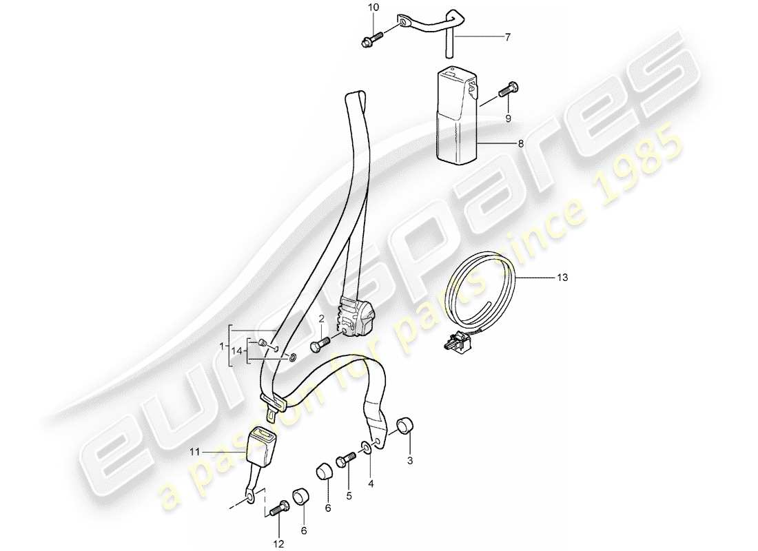 porsche 996 t/gt2 (2002) seat belt parts diagram