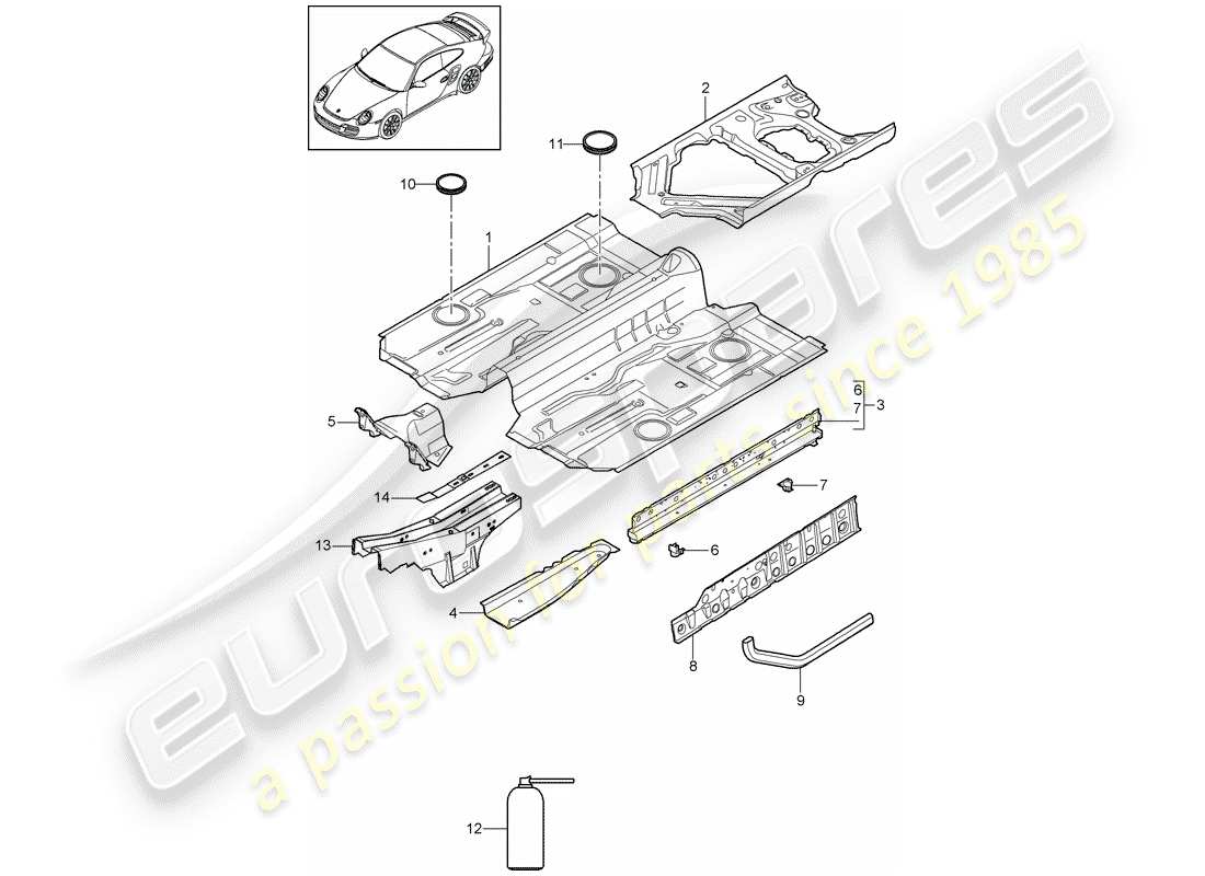 porsche 2013 (997-2 turbo / gt2 rs) floor parts diagram