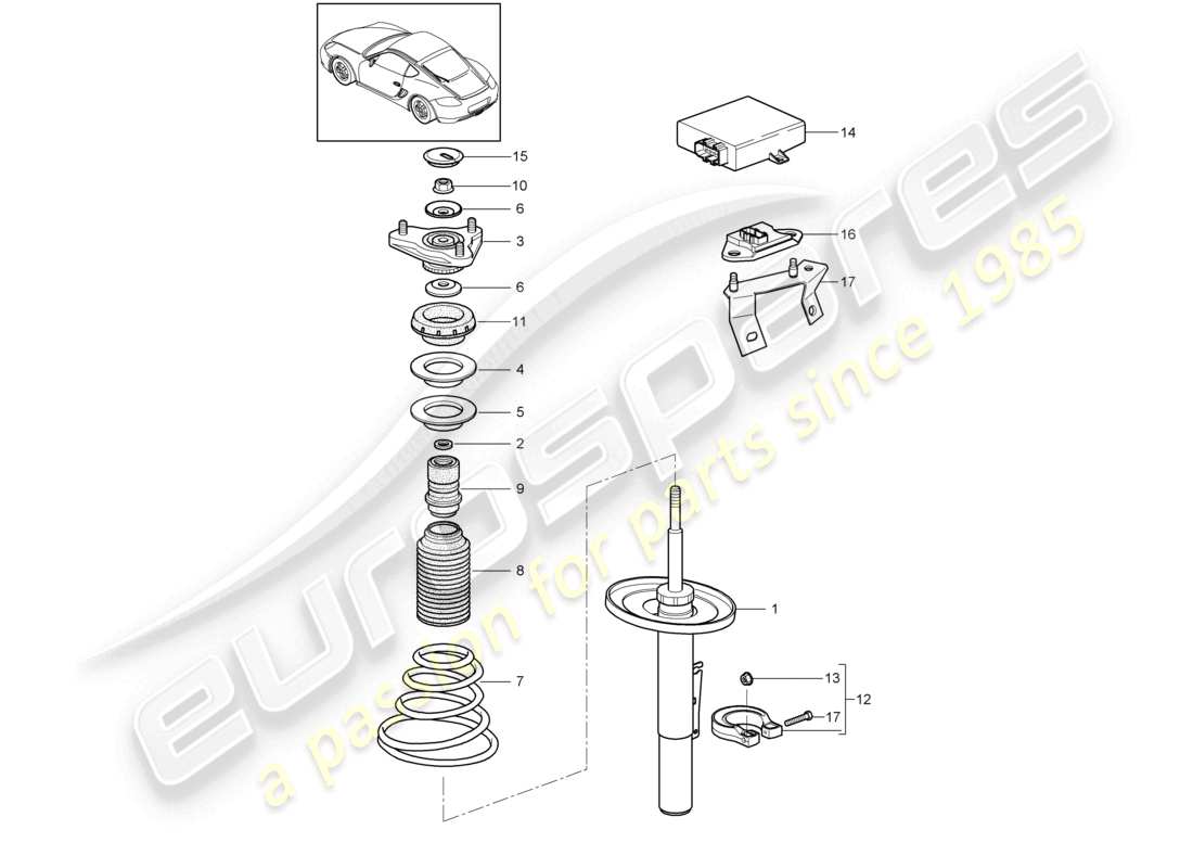 porsche 2009 (987 cayman) suspension suspension strut, complete part diagram