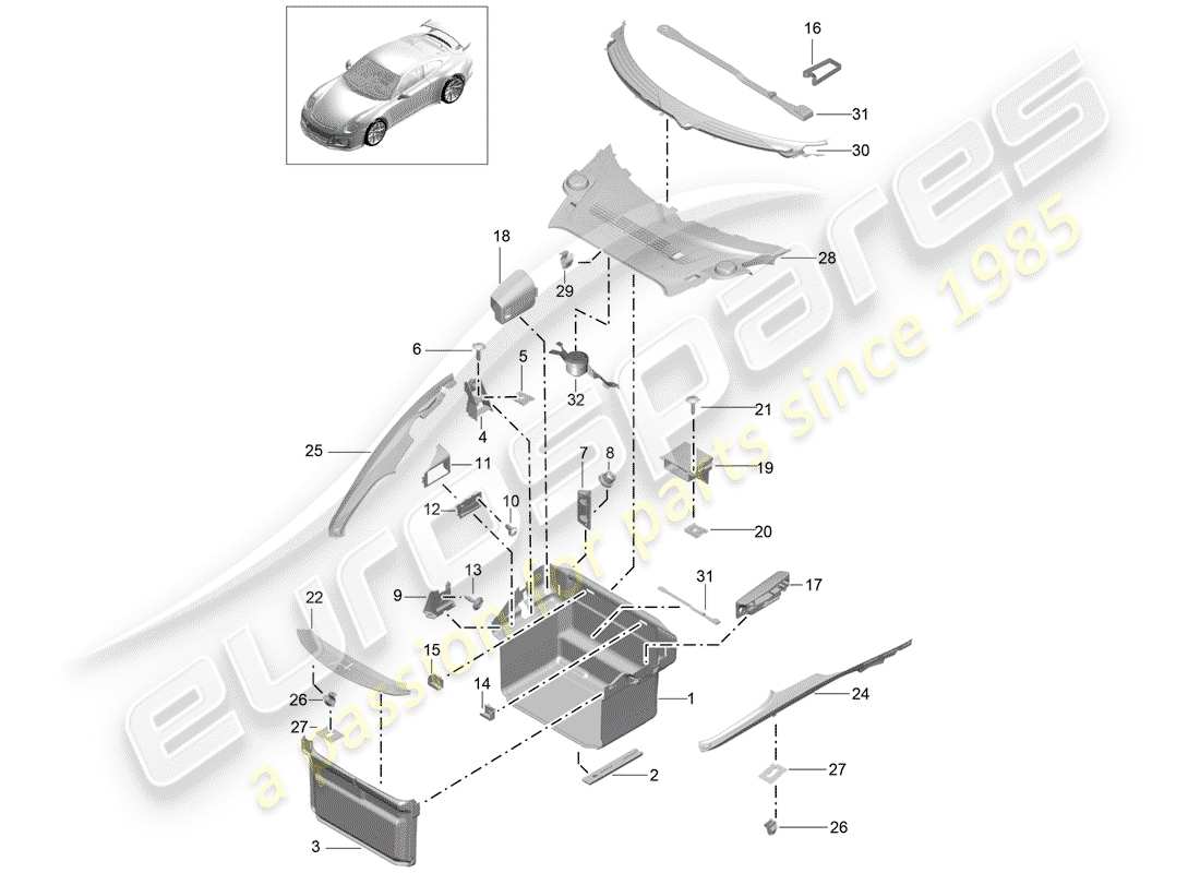porsche 2016 (991-1 r/gt3/rs) boot lining part diagram