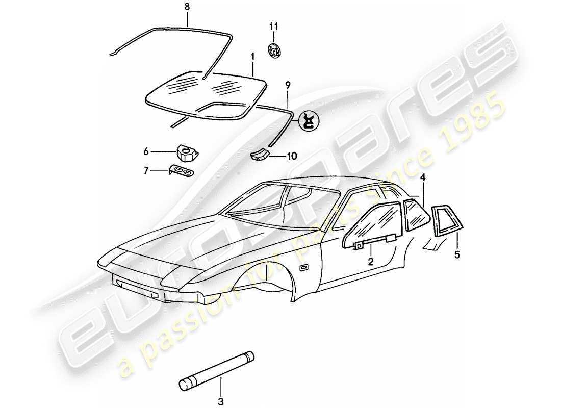 porsche 1986 (944) window glazing parts diagram