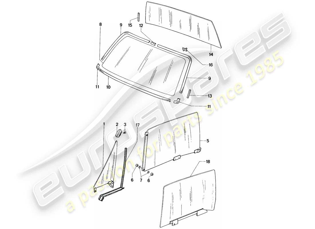 porsche 1976 (914) window glasses part diagram