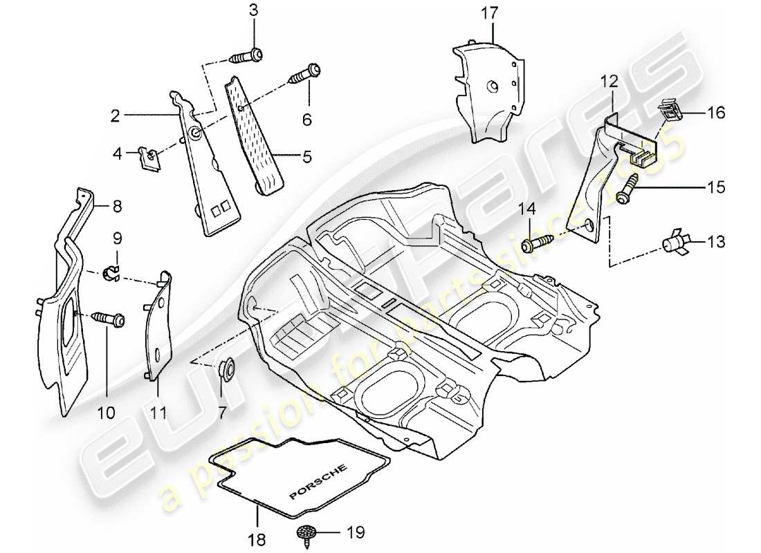porsche boxster 986 (2000) interior equipment - floor cover - trims parts diagram
