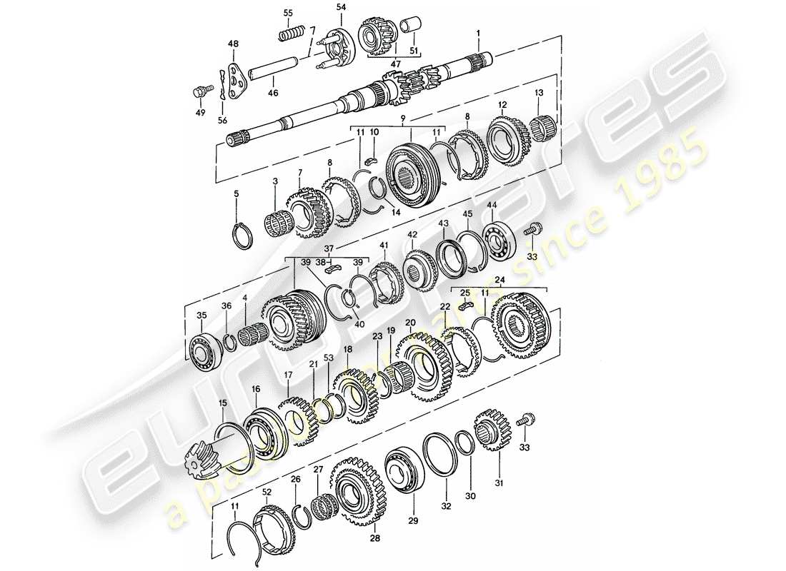 porsche 1986 (944) gears and shafts - manual gearbox parts diagram