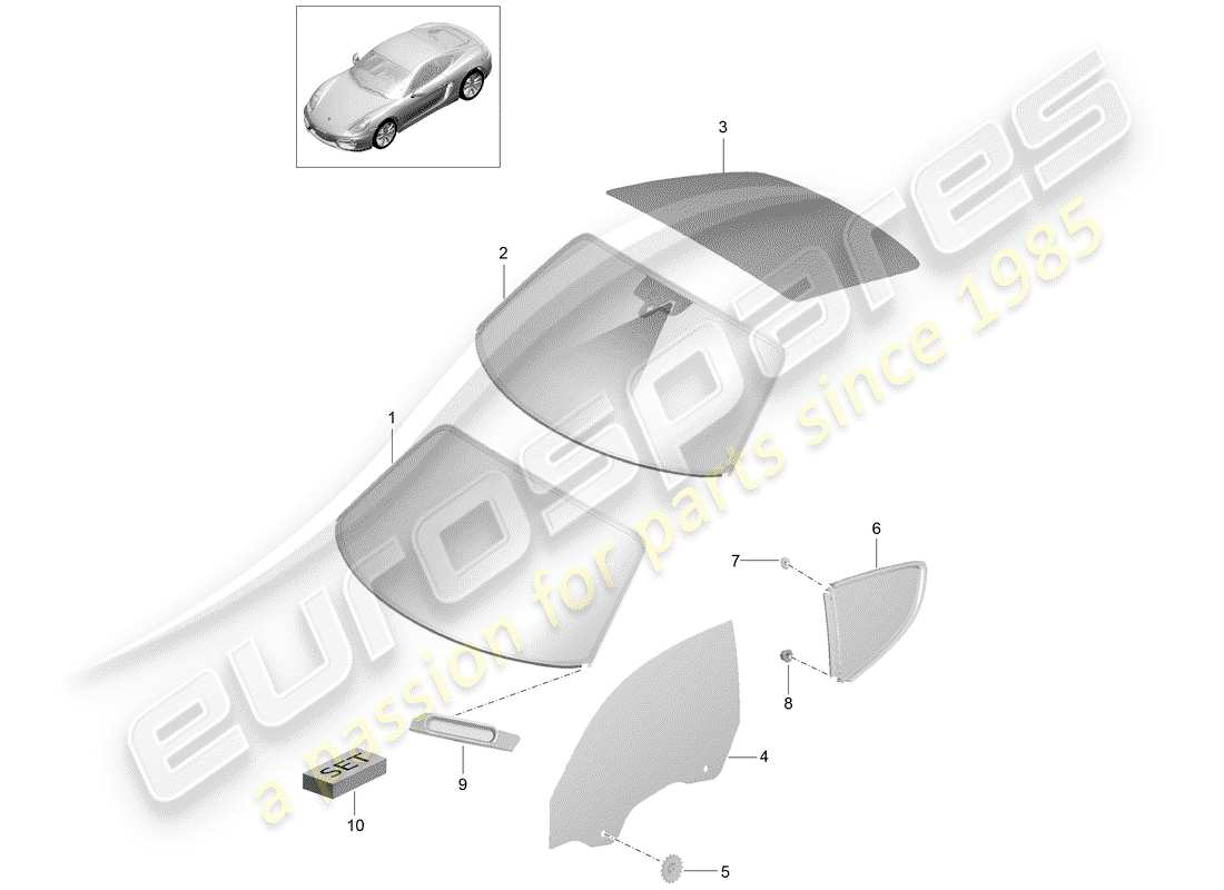 porsche 2015 (981 cayman) window glazing parts diagram