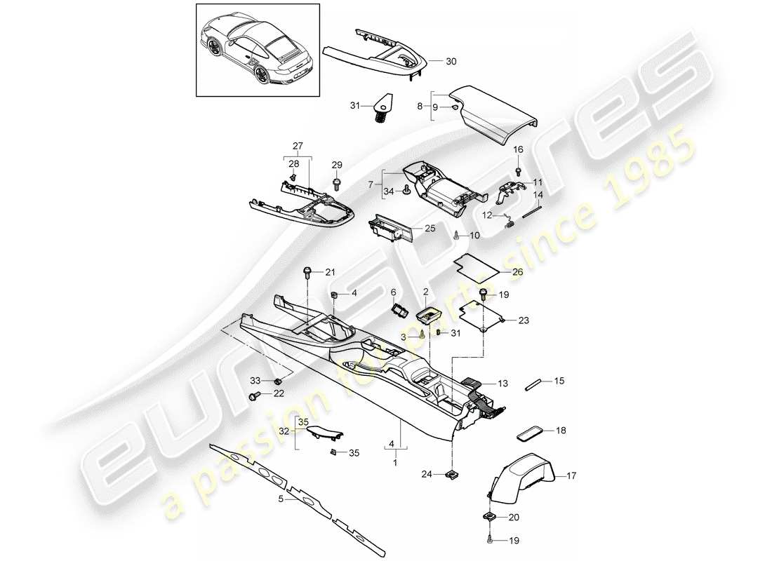 porsche 911 t/gt2rs (2013) center console parts diagram