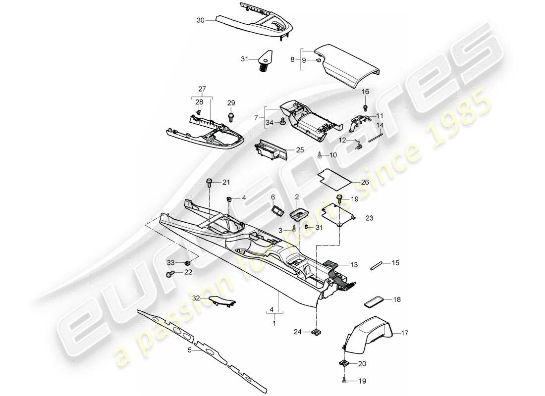 porsche 2005 (997-1) center console parts diagram