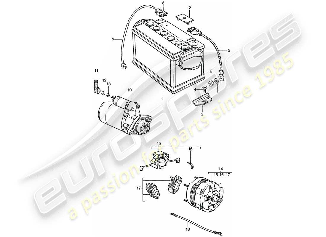 porsche 1986 (911) battery - starter - alternator part diagram