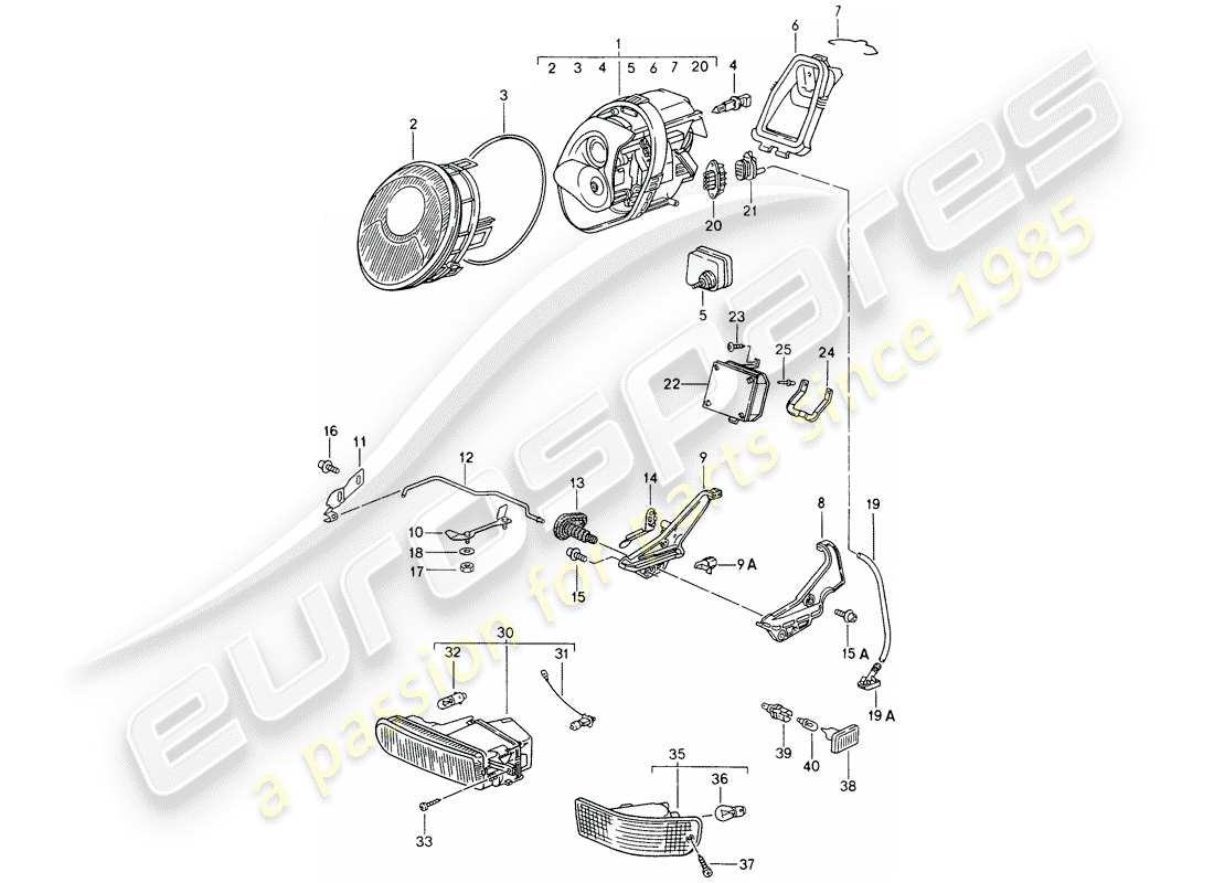 porsche 1996 (993) headlamp - fog lights - turn signal - turn signal repeater part diagram