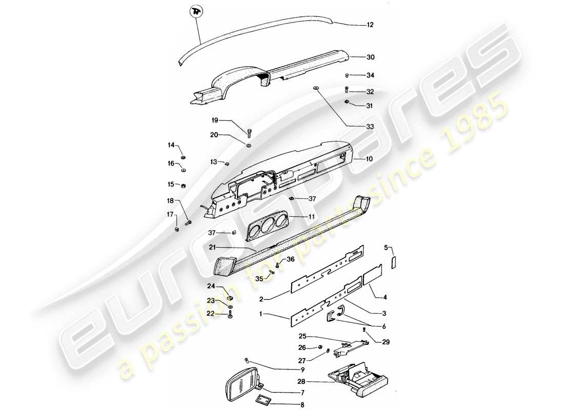 porsche 1975 (914) dashboard - rear view mirror part diagram
