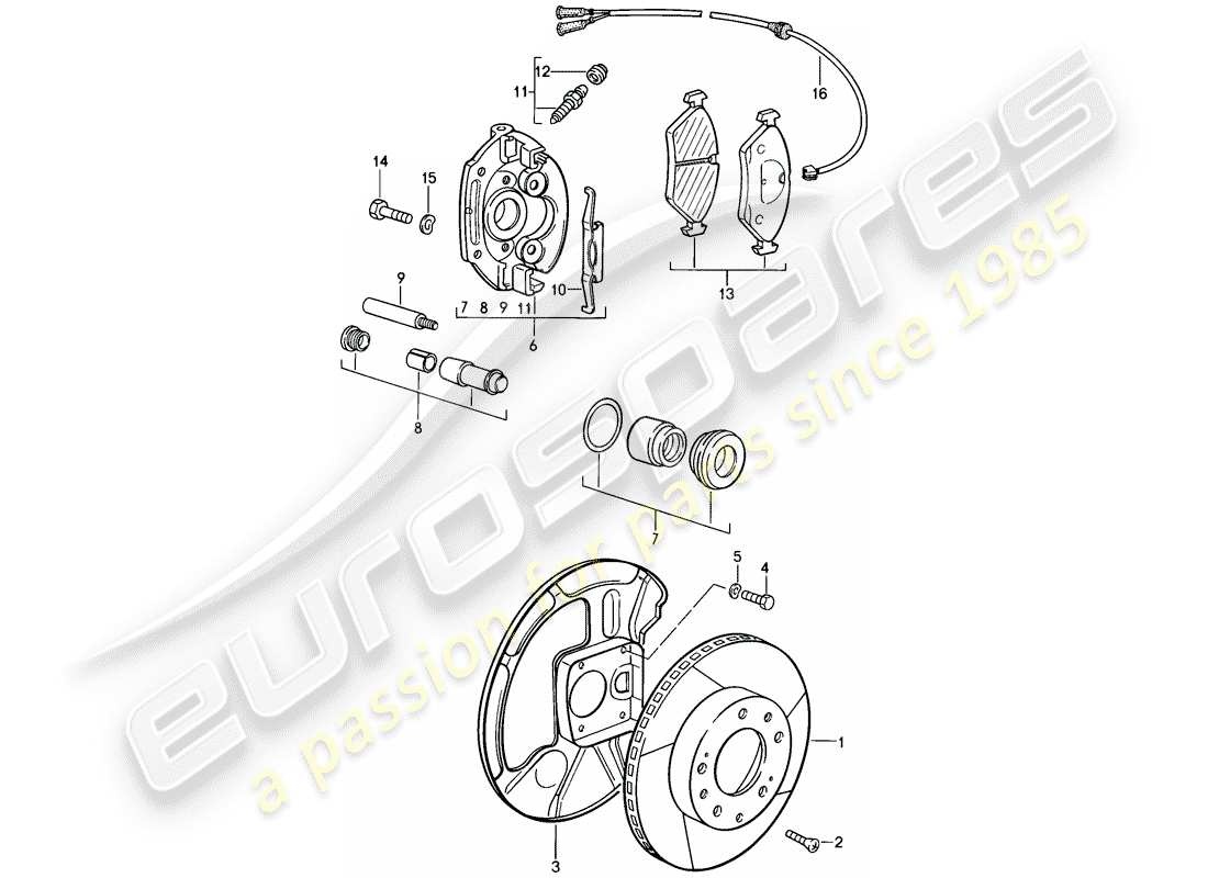 porsche 928 (1986) disc brakes - front axle - floating calliper - also use: - fasteners - for - brake lining part diagram