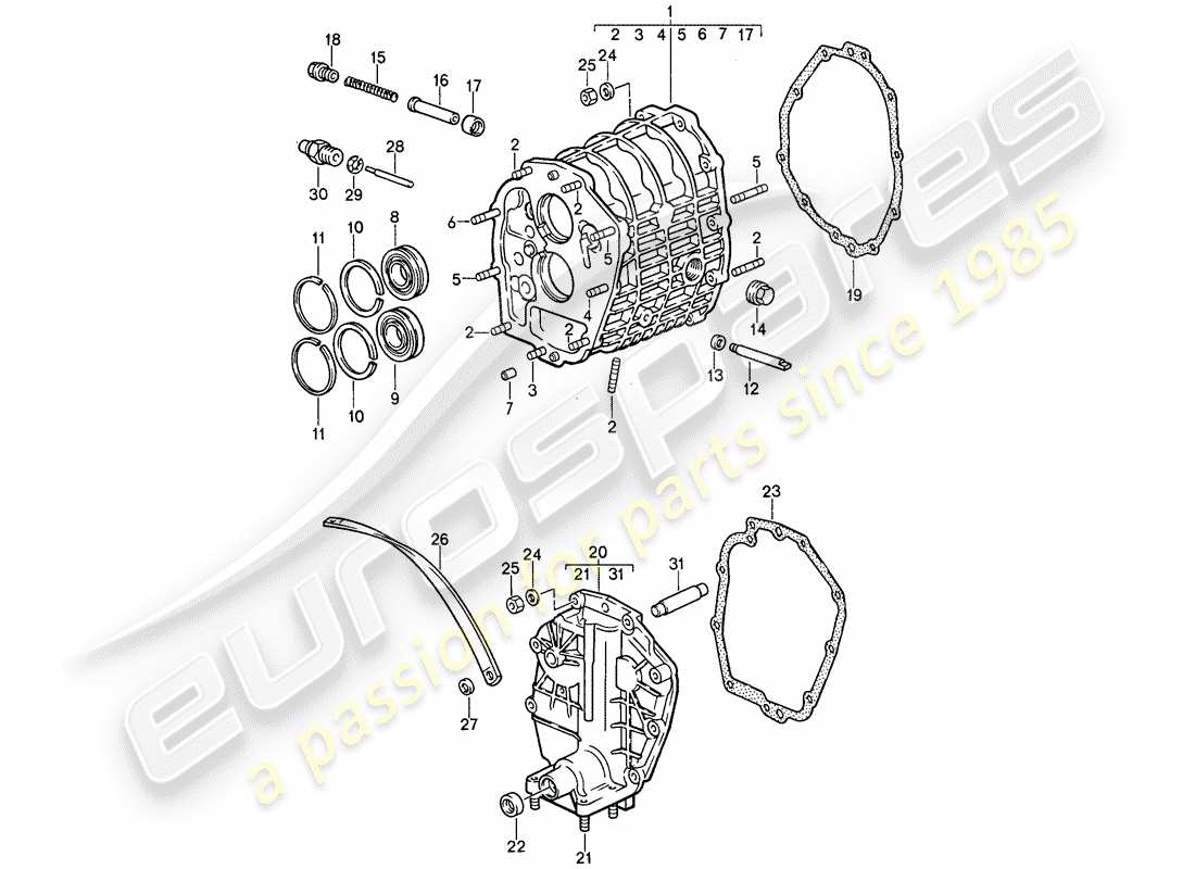 porsche 1987 (911) gear housing - transmission cover part diagram