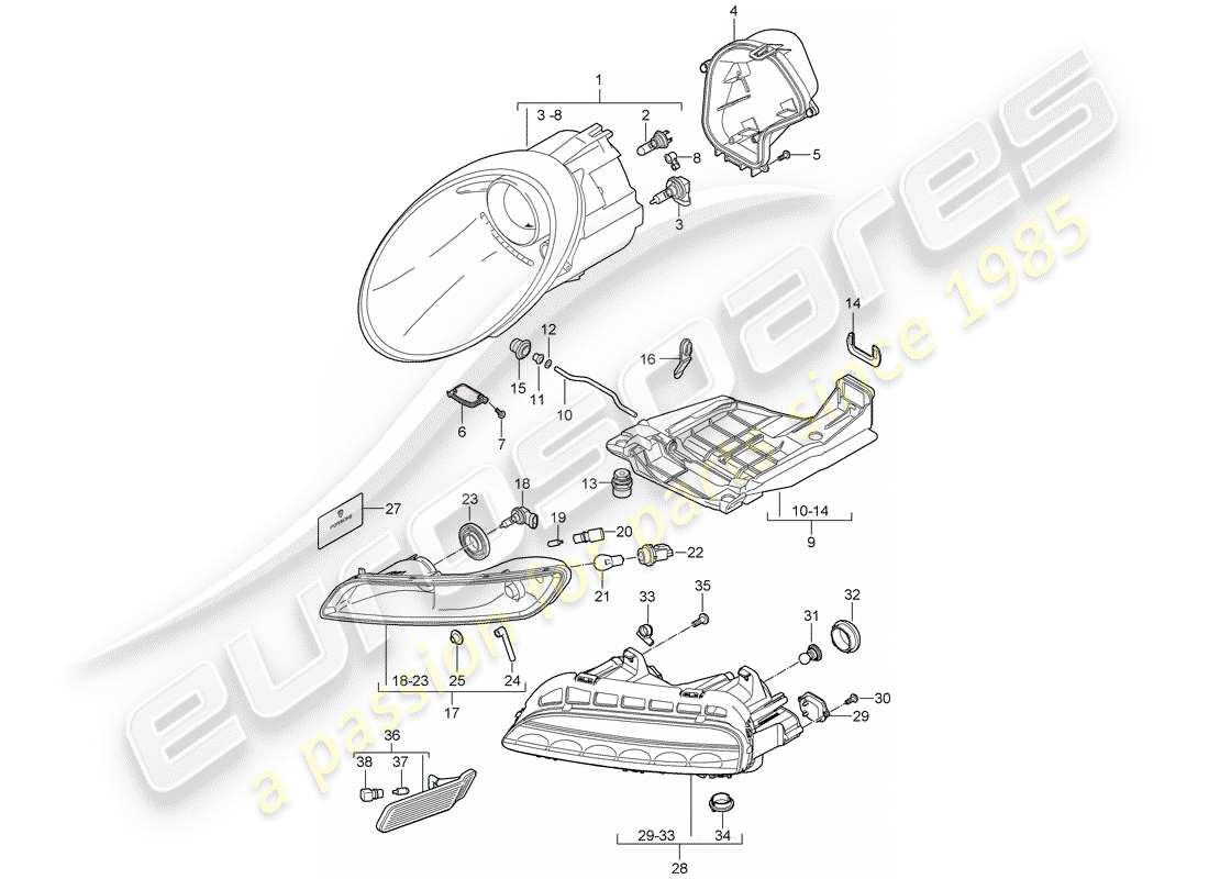 porsche 2011 (997-2 gt3) headlamp parts diagram