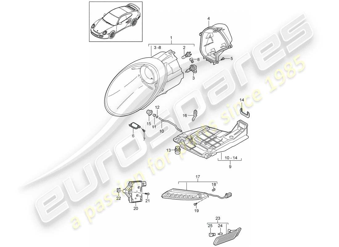 porsche 2013 (997-2 turbo / gt2 rs) headlamp parts diagram