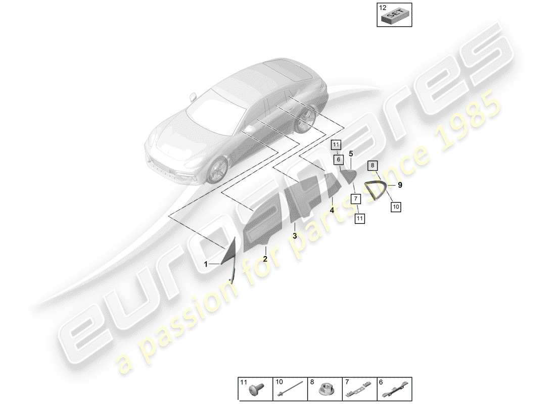 porsche 2018 (panamera 971-1) door and side window part diagram