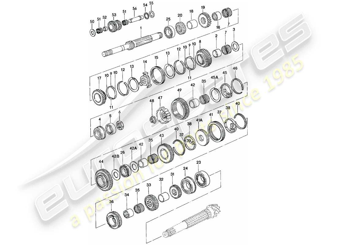 porsche 1981 (924) gears and shafts - manual gearbox - g31.01/02/03 part diagram