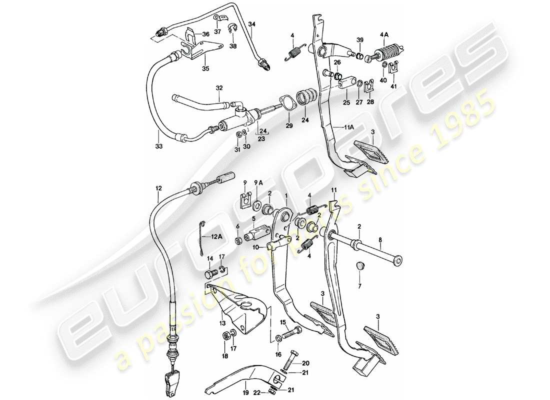 porsche 924 (1985) brake and clutch pedals - cluster parts diagram