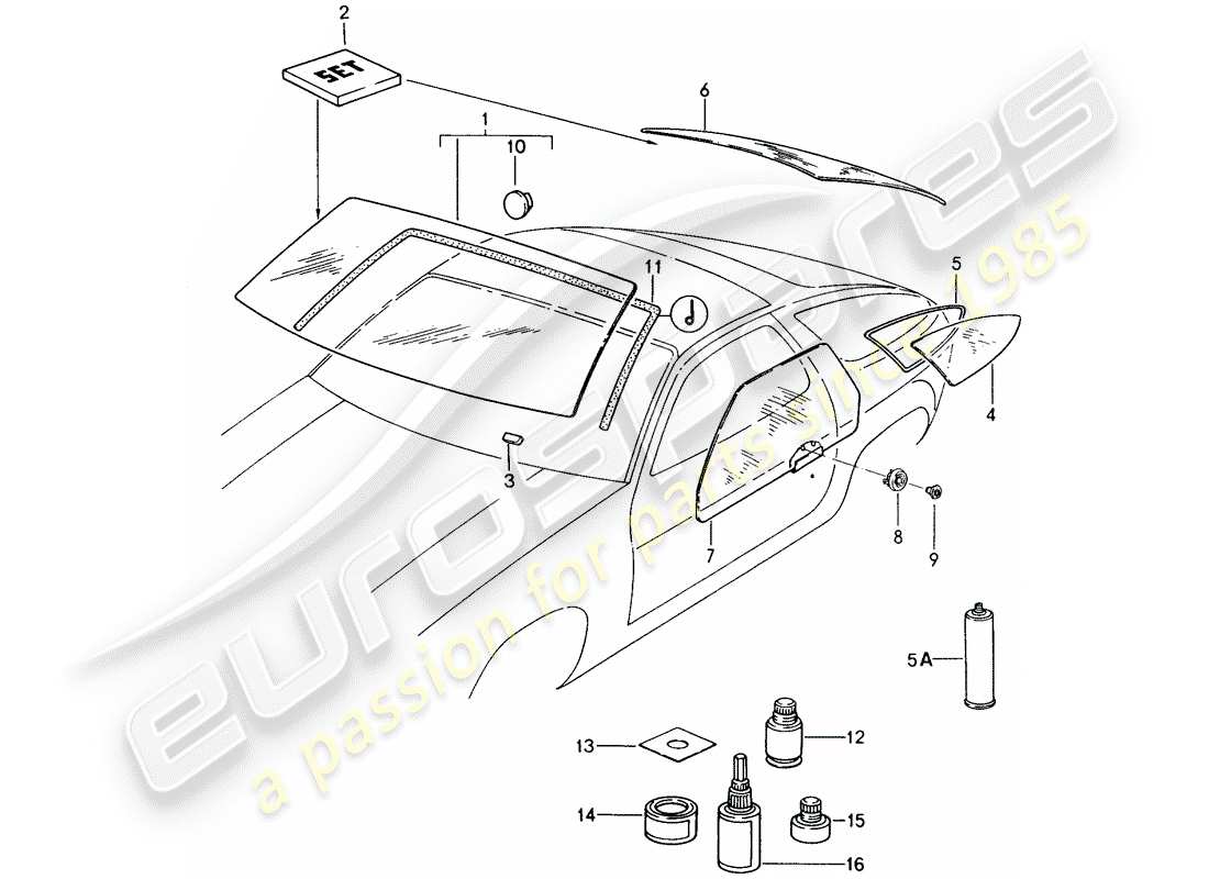 porsche 1990 (928) window glazing part diagram