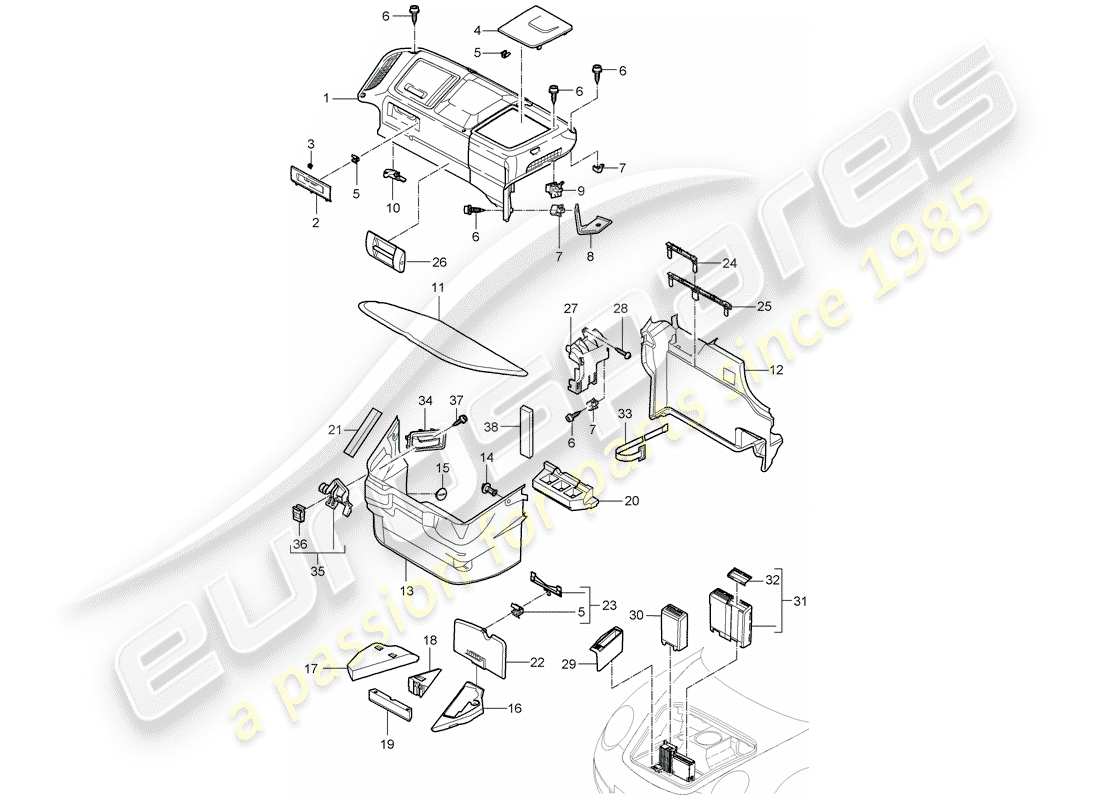 porsche 997 (2005) luggage compartment part diagram