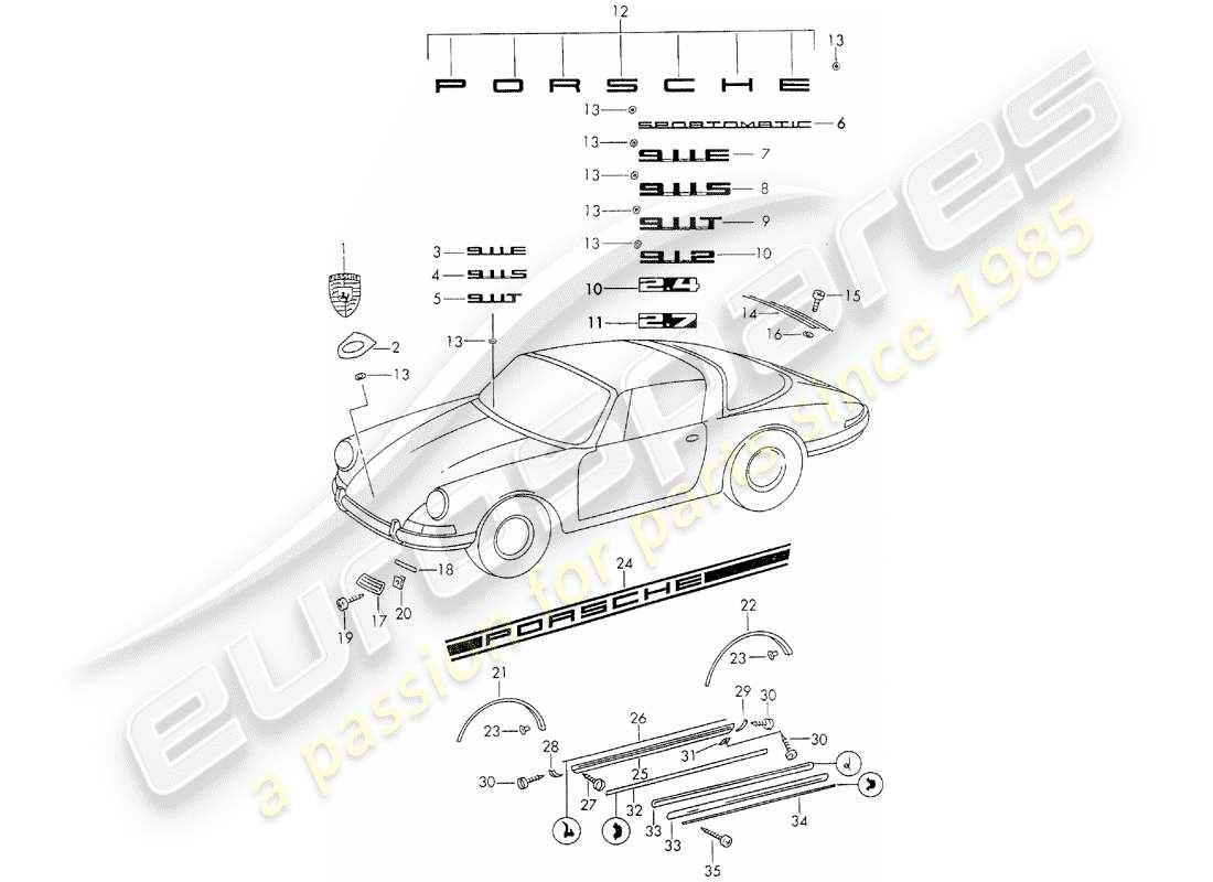 porsche 1972 (911) decorative fittings part diagram