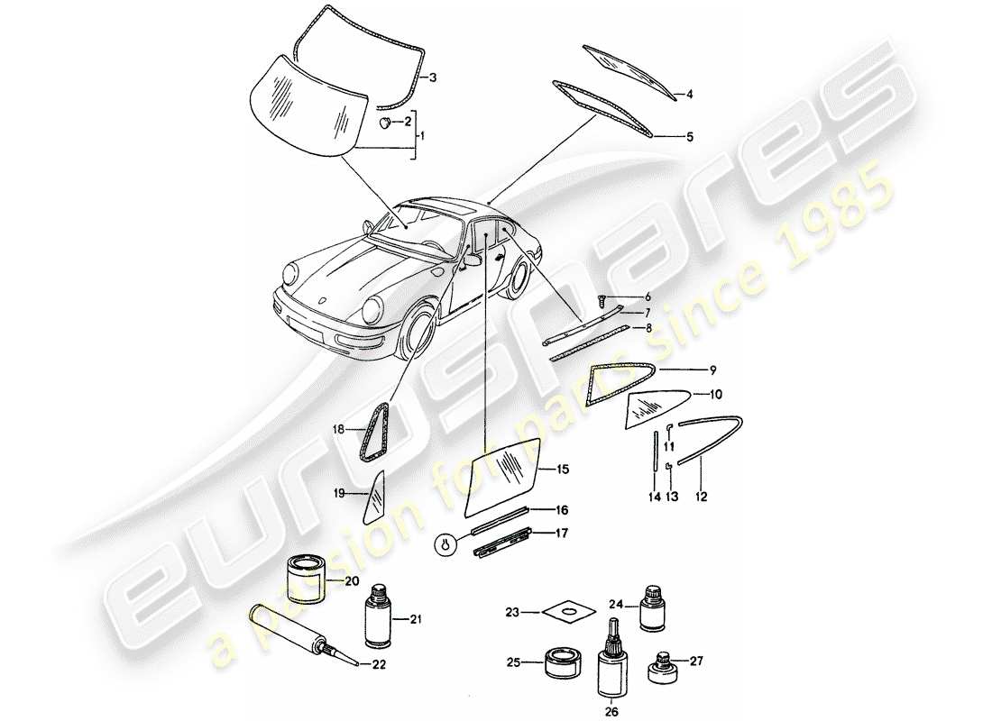 porsche 1990 (964) window glazing parts diagram