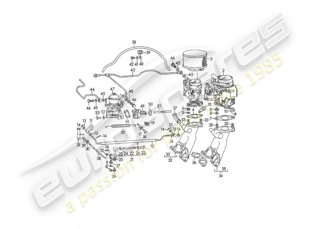 porsche 1954 (356/356a) carburetor - solex 32pbj - solex 40pjcb - and - fuel supply line part diagram