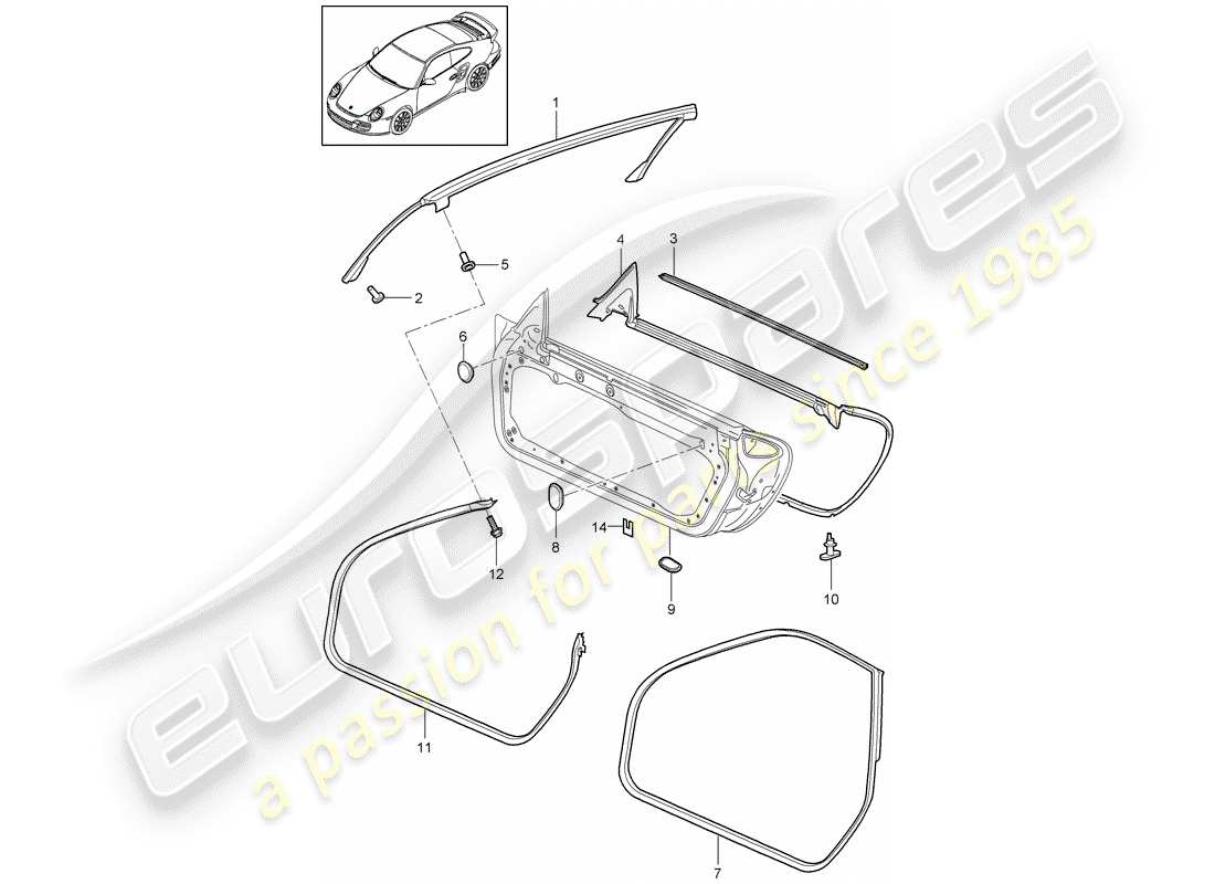 porsche 2013 (997-2 turbo / gt2 rs) door seal parts diagram