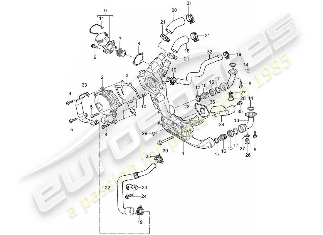 porsche 2008 (997-1 turbo / gt2) water pump parts diagram