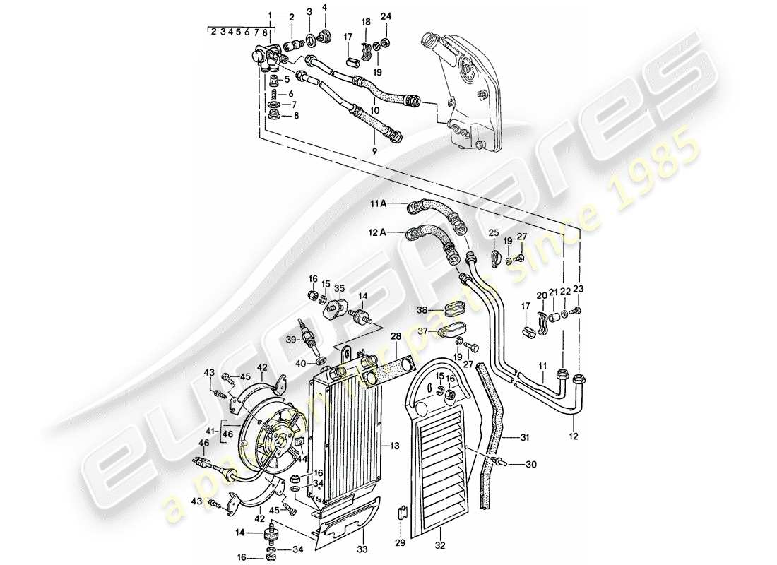 porsche 911 (1984) engine lubrication - oil cooler parts diagram